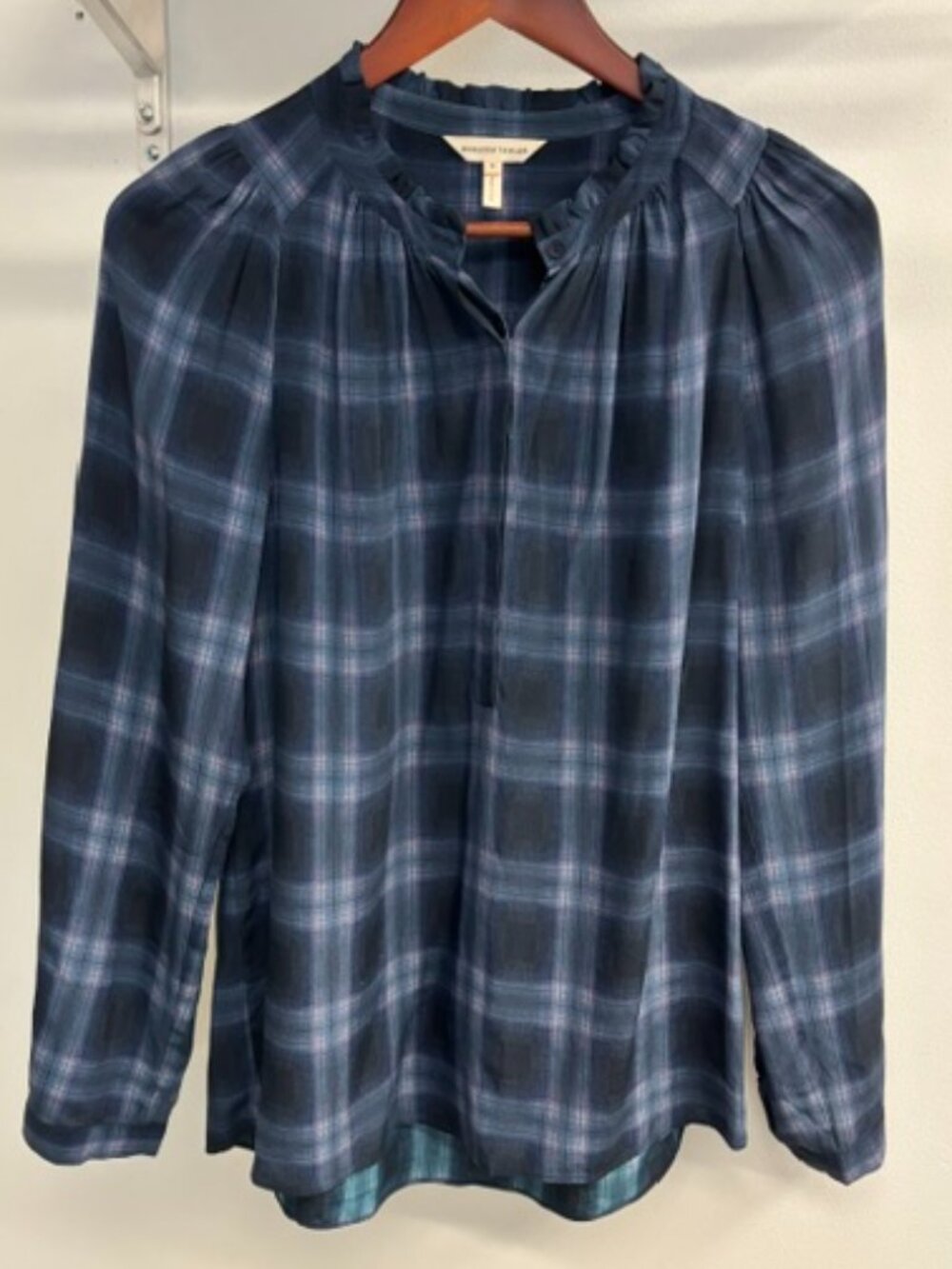 Rebecca Taylor Blue Pattern Blouse | Women's Size 8 | Long Sleeve Ruffle Neck To